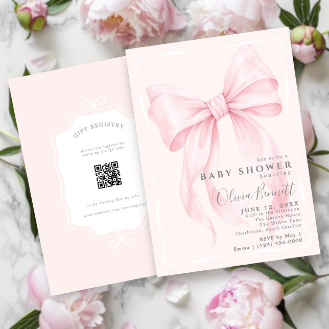 Invitation Baby Shower Fille Arc-en-Ciel avec Code QR (Pink Bow Baby Shower with QR Code for Baby Registry)