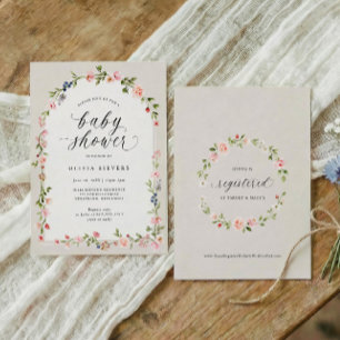 Invitation Baby Shower Fille Arc Floral Aquarelle Rose Beige