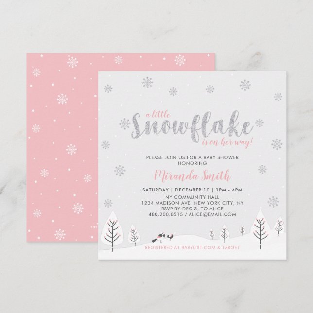Invitation Baby shower fille argent et rose hiver Wonderland (Devant / Derrière)