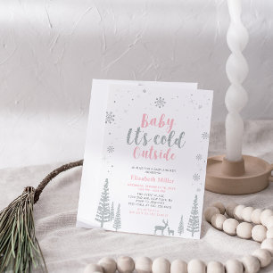 Invitation Baby shower fille argent et rose hiver Wonderland
