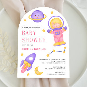 Invitation Baby Shower Fille Astronaute Rose Espace Extérieur