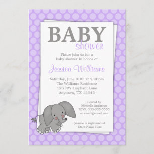 Invitation Baby shower fille aux points violets éléphant