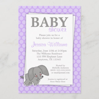 Invitation Baby shower fille aux points violets éléphant