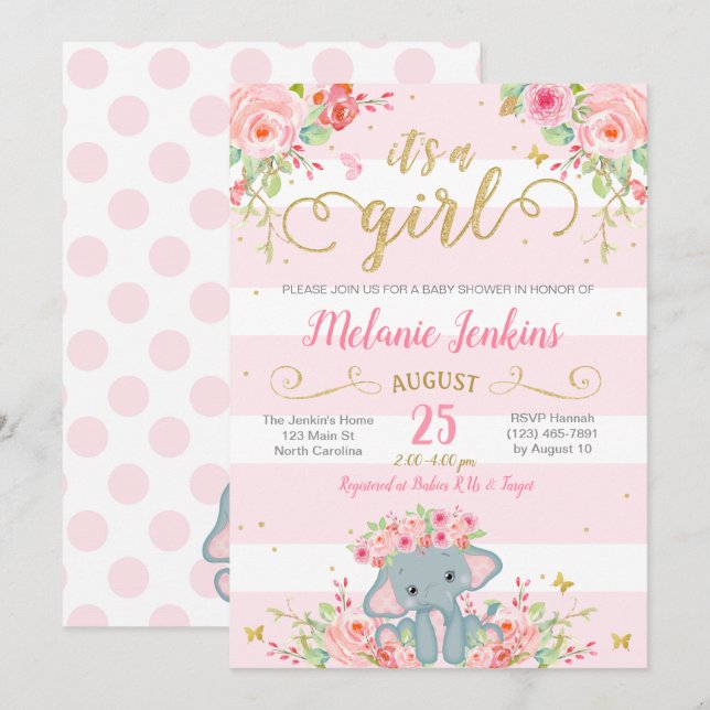 Invitation Baby shower fille, Baby shower éléphant (Devant / Derrière)