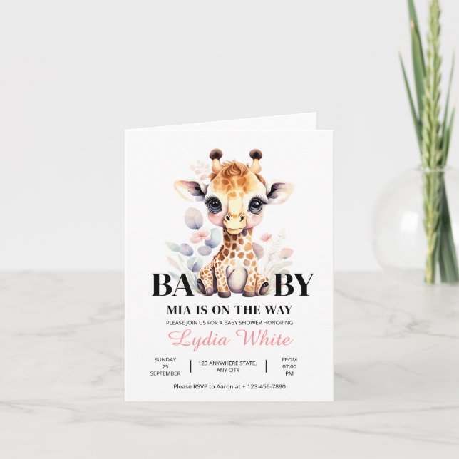 Invitation Baby shower fille Baby shower Giraffe ÉDITABLE (Devant)