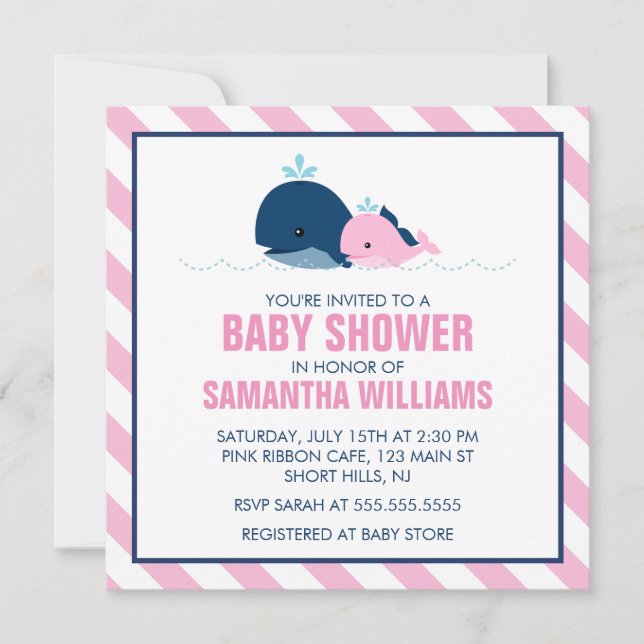 Invitation Baby shower fille baleine rose (Devant)