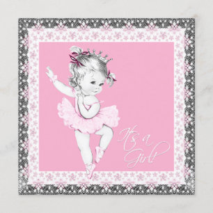 Invitation Baby Shower Fille Ballerine Rose et Gris