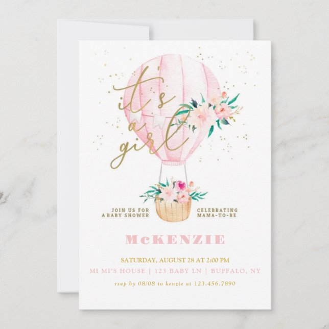 Invitation Baby shower Fille Balloon Rose Floral (Devant)