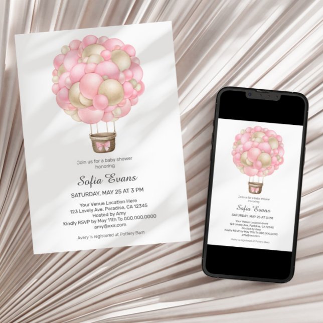 Invitation Baby shower Fille Balloon Rose Hot Air (Créateur téléchargé)
