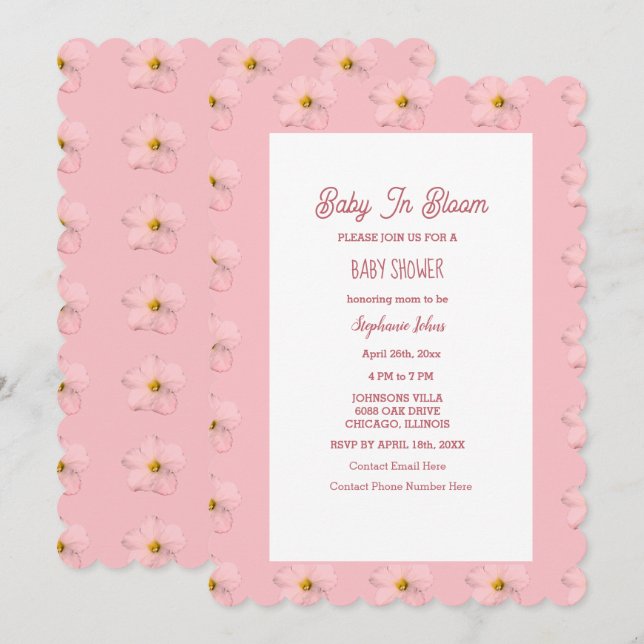 Invitation Baby shower Fille Bébé En Fleur Motif Floral Rose (Devant / Derrière)