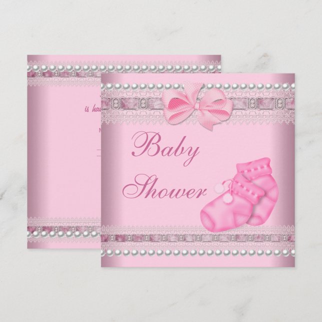 Invitation Baby shower Fille Bébé Pink Booties Pearl Lace (Devant / Derrière)
