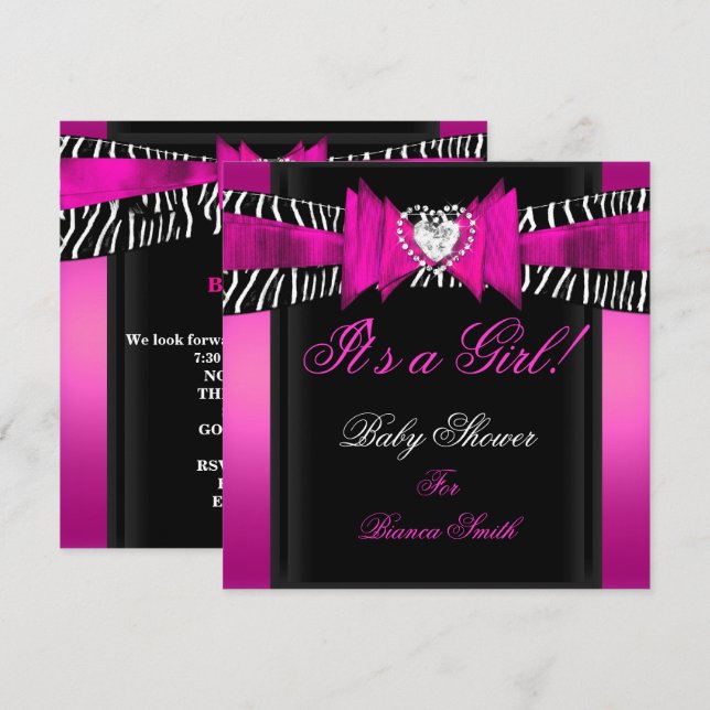 Invitation Baby shower fille bébé rose chaud Zèbre noir (Devant / Derrière)
