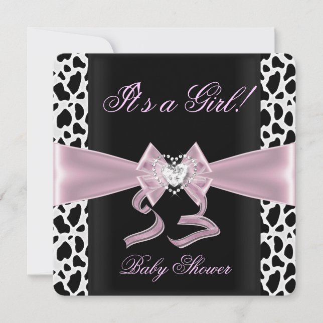 Invitation Baby shower Fille Bébé Rose Noir Blanc Vache Impri (Devant)