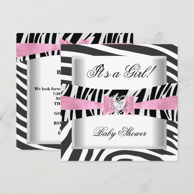 Invitation Baby shower fille bébé rose noir blanc Zèbre (Devant / Derrière)