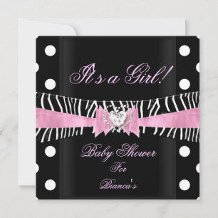 Invitation Baby shower fille bébé rose noir Zèbre pois