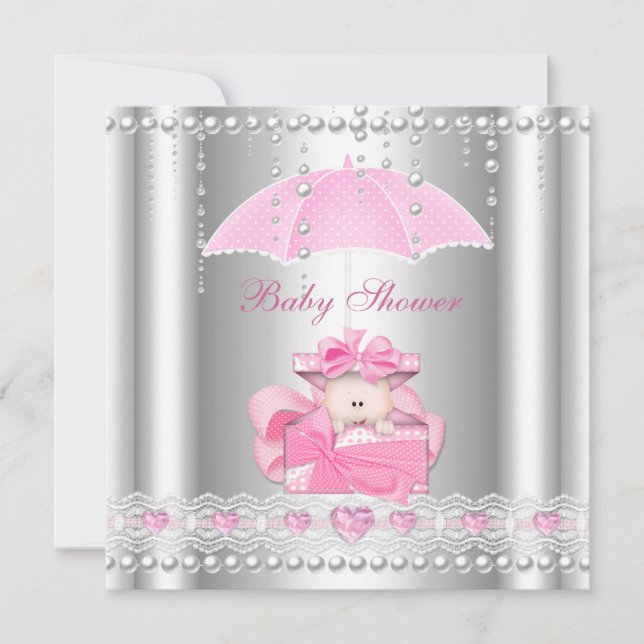 Invitation Baby shower fille bébé rose parapluie Pearl argent (Devant)