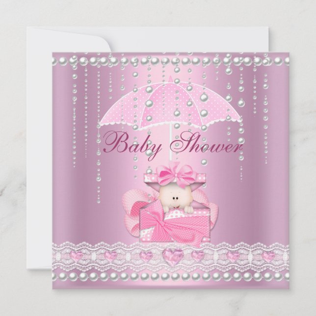 Invitation Baby shower fille bébé rose parapluie Pearl blanc (Devant)