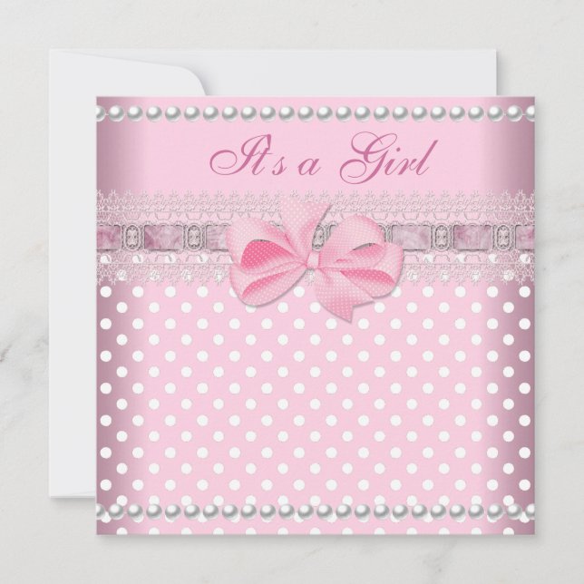 Invitation Baby shower fille bébé rose tache perle dentelle (Devant)