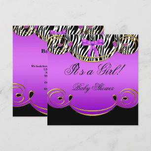 Invitation Baby shower fille bébé violet noir Zèbre