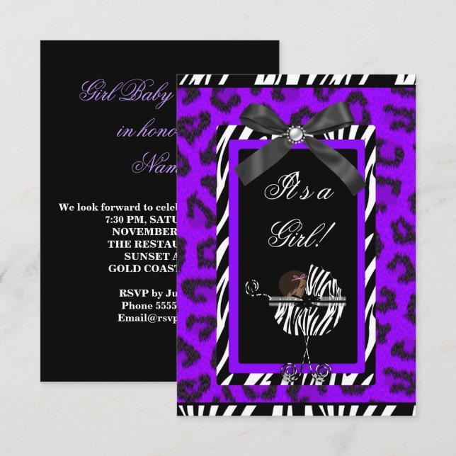 Invitation Baby shower fille bébé violet noir Zèbre (Devant / Derrière)