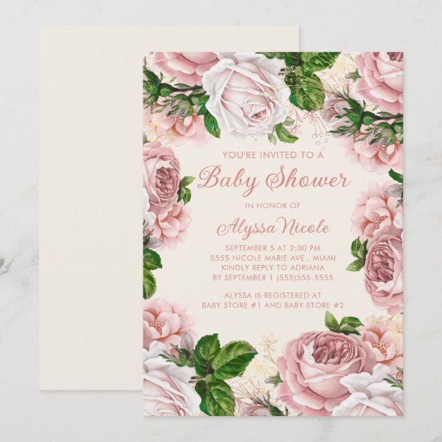 Invitation Baby shower Fille Blanche Rose rose (Devant / Derrière)