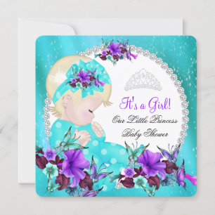 Invitation Baby Shower Fille Bleu Canard Violet Floral 3