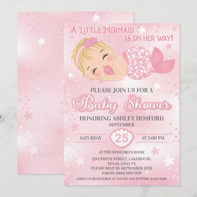 Invitation Baby shower fille blonde | Bébé Sirène  (Devant / Derrière)