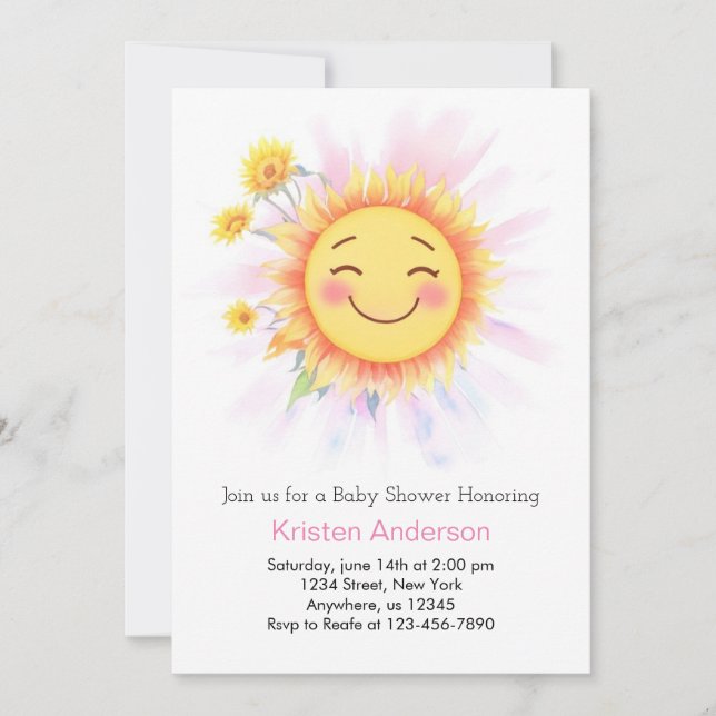 Invitation Baby Shower Fille Bohème Tournesol Ensoleillé (Devant)