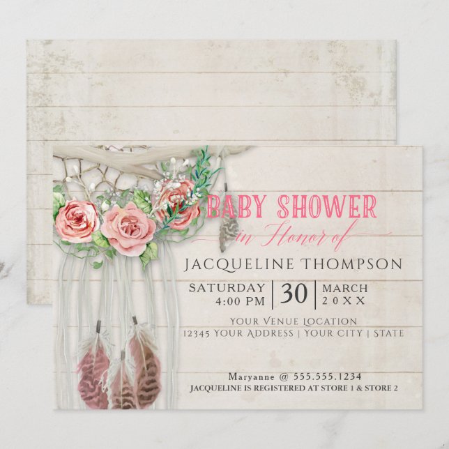 Invitation Baby shower fille BOHO Dream Catcher Shiplap Bois (Devant / Derrière)