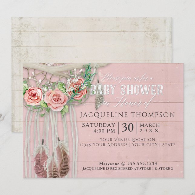 Invitation Baby shower fille BOHO Dream Catcher Wood Floral (Devant / Derrière)