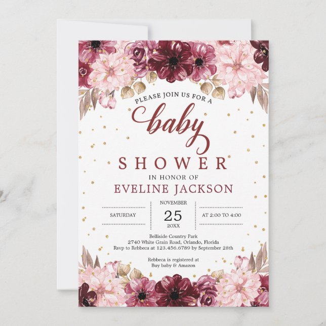 Invitation Baby shower fille boho rose vif (Devant)