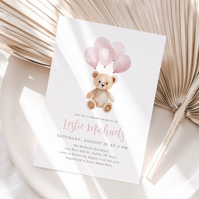 Invitation Baby shower Fille Boloon Rose Ours Teddy (Créateur téléchargé)