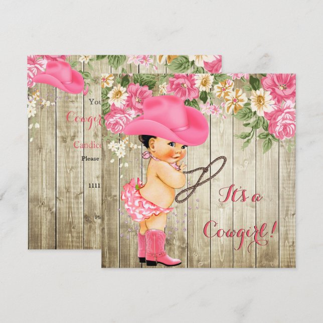 Invitation Baby shower fille Bottes roses Floral Brunette (Devant / Derrière)