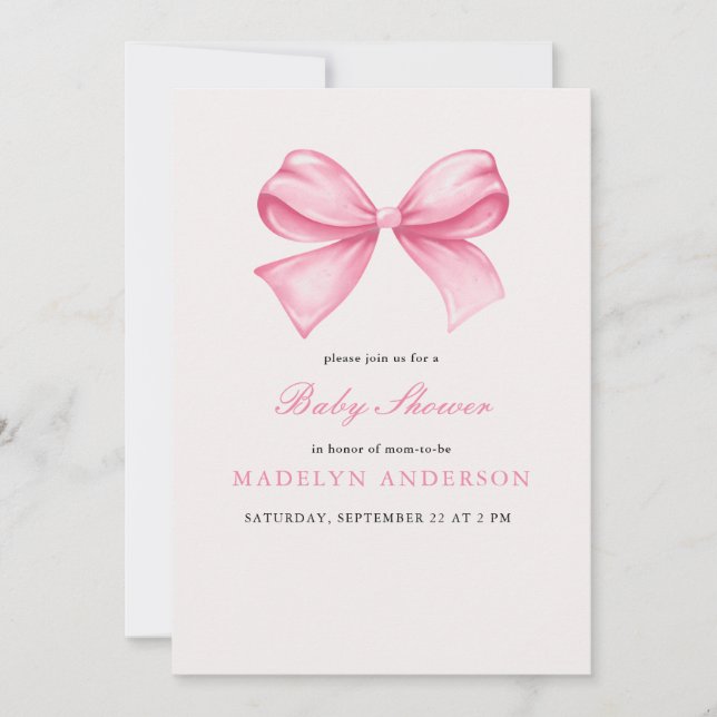 Invitation Baby shower fille Bow Aquarelle rose (Devant)