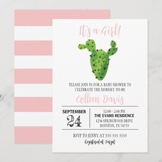 Invitation Baby shower fille Cactus (Devant / Derrière)