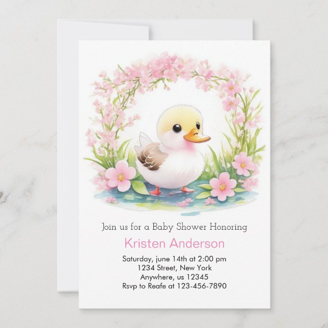 Invitation Baby shower Fille Canard Rose Floral Blissful (Devant)