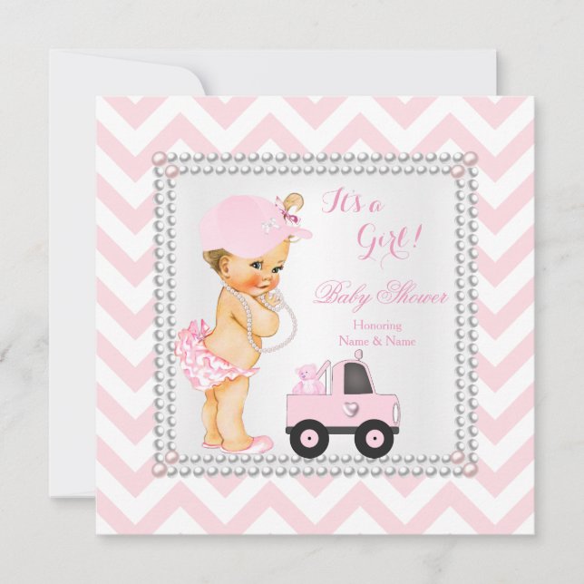 Invitation Baby shower Fille Casquette rose Camion ours Blond (Devant)