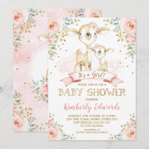Invitation Baby shower fille Cerf mignonne Roses or rose pâle