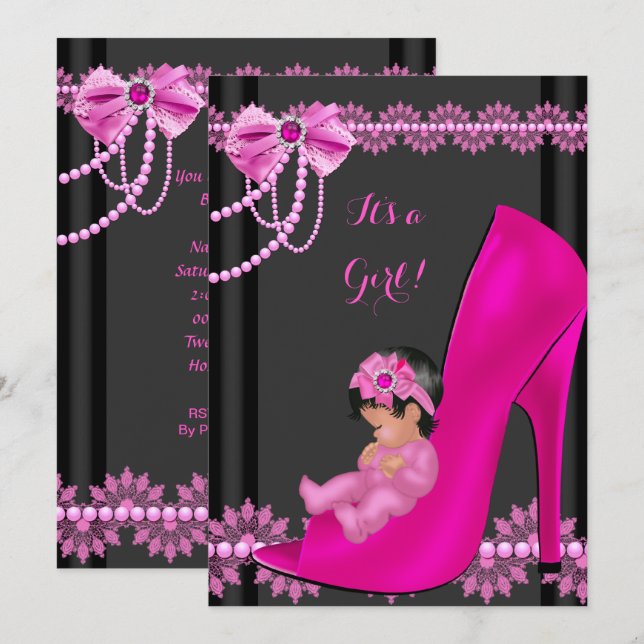 Invitation Baby shower Fille Chaud Rose bébé Chaussure Dentel (Devant / Derrière)