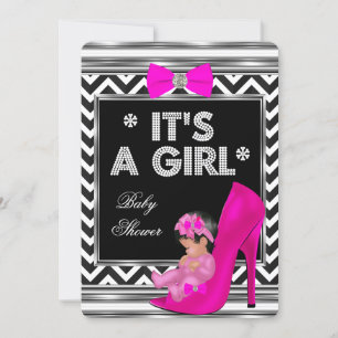 Invitation Baby Shower Fille Chaussure Bébé Rose Chevron