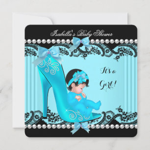 Invitation Baby Shower Fille Chaussure Bleu Canard