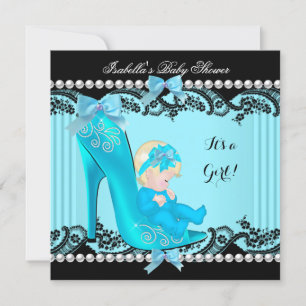 Invitation Baby Shower Fille Chaussure Bleu Canard Blonde