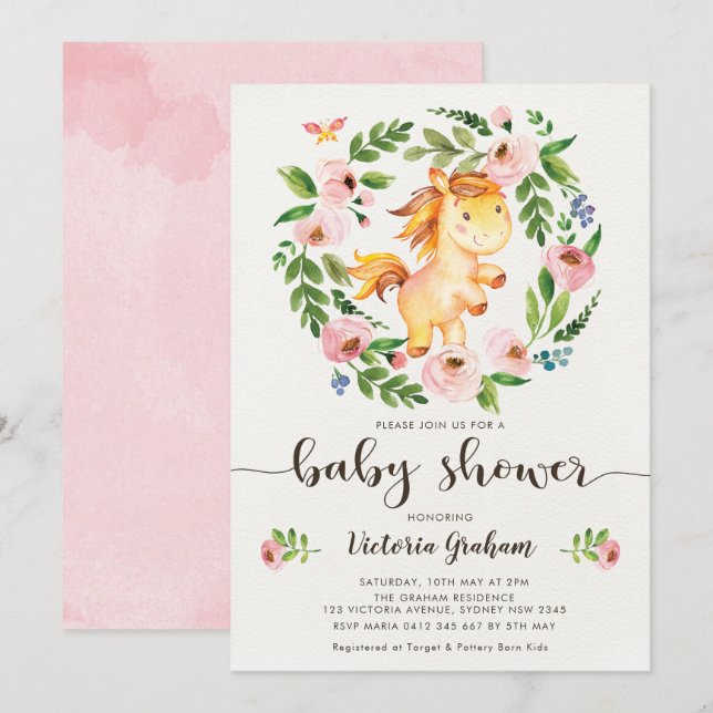 Invitation Baby shower Fille Cheval Floral Ressort Blush (Devant / Derrière)