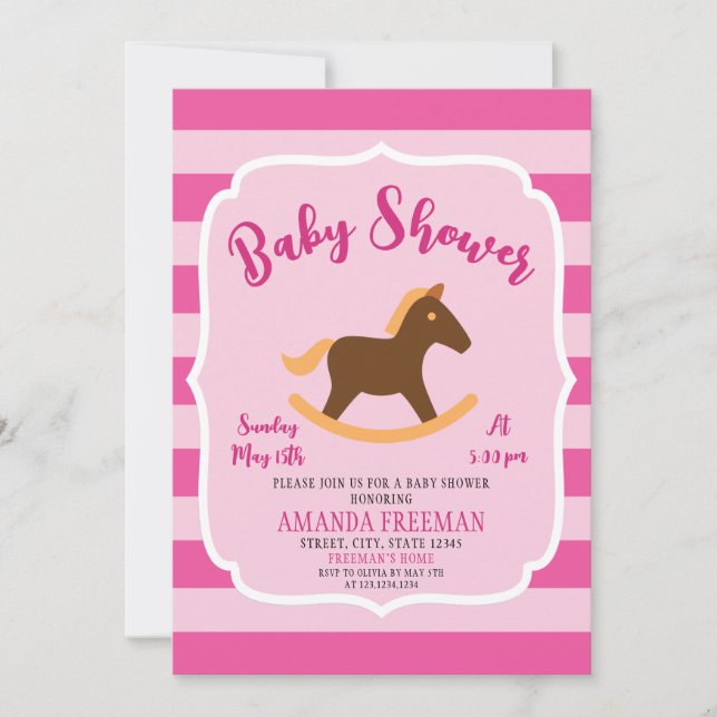 Invitation Baby shower fille Cheval rose mignon (Devant)
