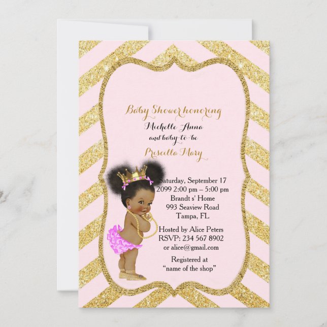 Invitation Baby shower FILLE, chevron doré, blanc & or_Ébène (Devant)