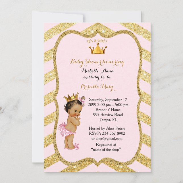 Invitation Baby shower FILLE, chevron doré, or rose vif v2 (Devant)