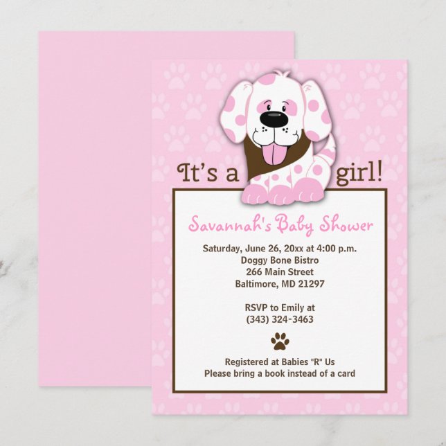 Invitation Baby shower fille chien rose (Devant / Derrière)