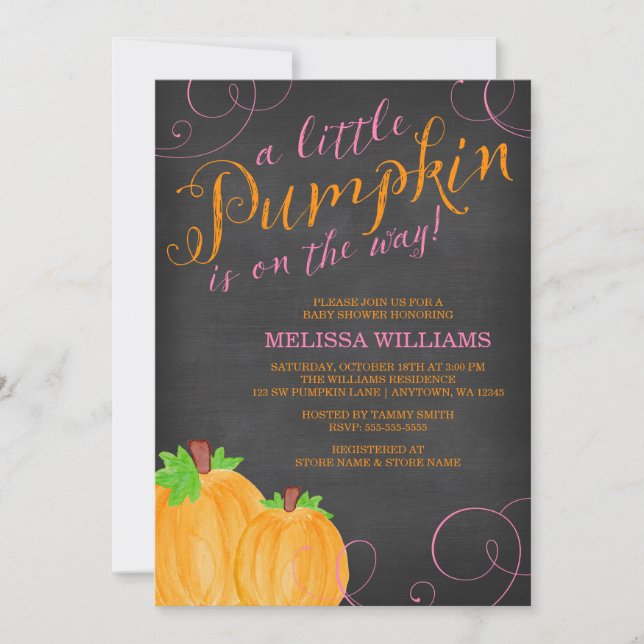 Invitation Baby shower fille Citrouille Chalkboard Watercolor (Devant)