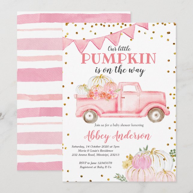 Invitation Baby shower fille Citrouille rose (Devant / Derrière)