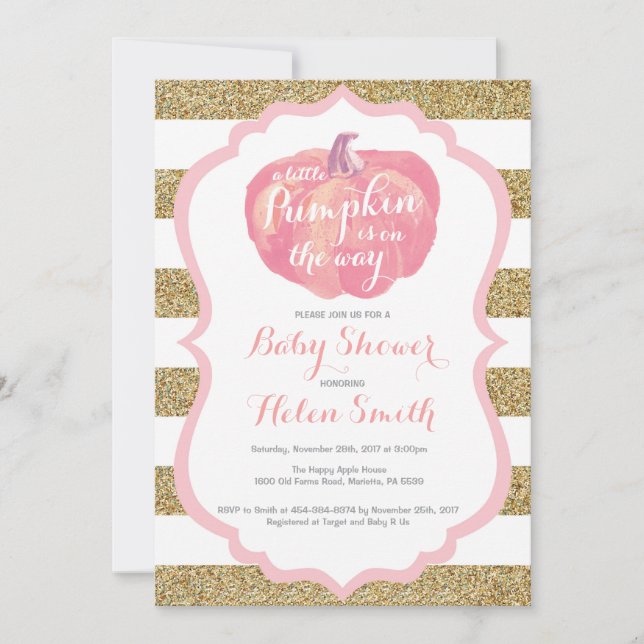 Invitation Baby shower fille Citrouille rose et or (Devant)